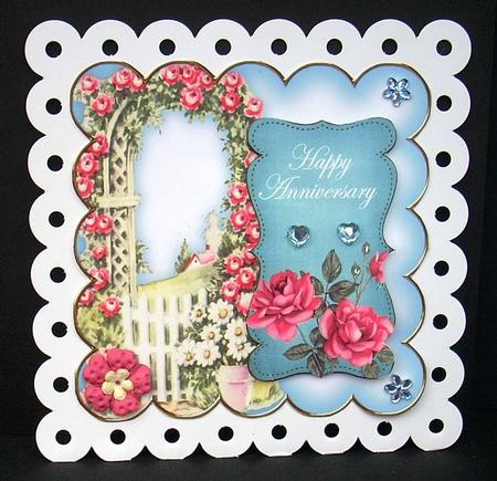 Dteal Rose Arch Happy Anniversary 8in Scallop Topper by Joyce Watson