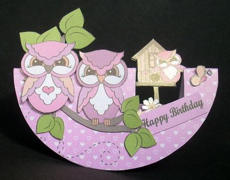 Pink Owls,round Step Card with 3D by Joyce Watson