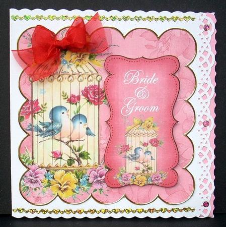 Pink Lovebirds Bride & Groom 8in Scallop Topper by Joyce Watson