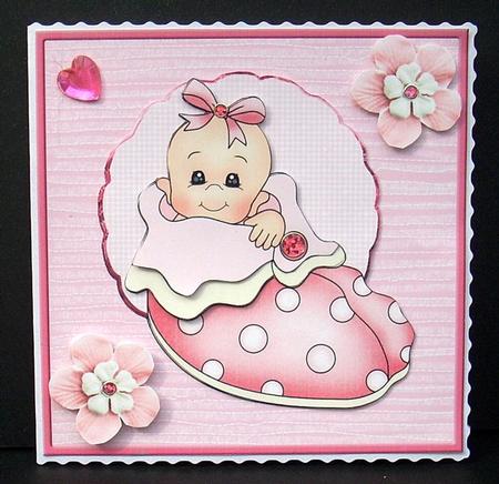 Bootie Baby Girl Card Front with Topper and Decoupage by Joyce Watson