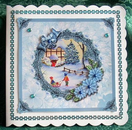 8x8 Sledging in the Snow with Blue Frame and Flowers by Joyce Watson