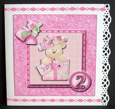 8x8 Pink Birthday Bear 2nd Birthday with Decoupage by Joyce Watson