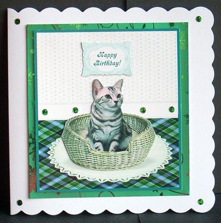 Tabby Kitty Cat in a Basket Card Topper + Greetings by Joyce Watson