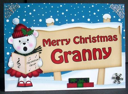 Xmas Granny Teddy Tess Signpost 5x7 Easicut Decoupage by Joyce Watson