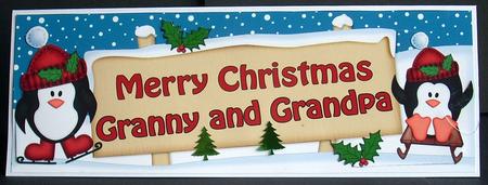 Xmas Granny & Grandpa Penguins Signpost Lge Dl Decoupag by Joyce Watson