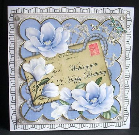 Blue Magnolia Happy Birthday 6in Decoupage Topper by Joyce Watson