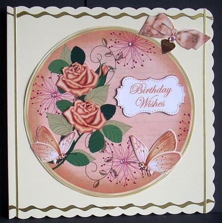 Peach Rose Birthday Wishes 7in Circle Decoupage Topper by Joyce Watson