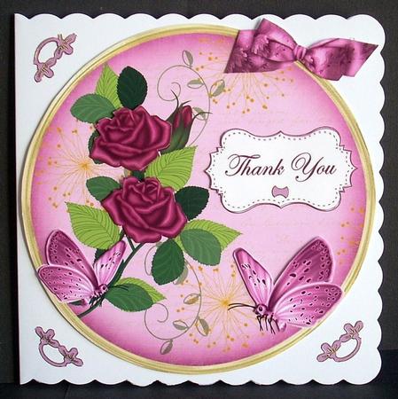 Cerise Rose Thank You 7in Circle Decoupage Topper by Joyce Watson