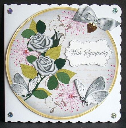 Silver Rose with Sympathy 7in Circle Decoupage Topper by Joyce Watson