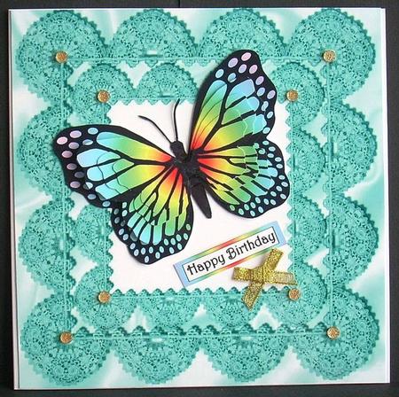 Scalloped Vintage Turq Lace on Satin Card & Toppers 8x8 by Joyce Watson