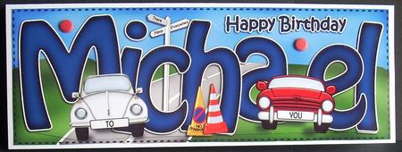 Large Dl Birthday Michael Cars Card & 3D Decoupage by Joyce Watson