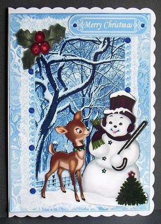 Snowman with Gorgeous Little Deer in the Snow by Joyce Watson