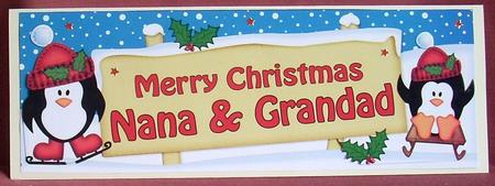 Large Dl Xmas Nana & Grandad Penguins Signpost 3D Decoupage by Joyce Watson