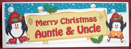 Large Dl Xmas Auntie & Uncle Penguins Signpost 3D Decoupage by Joyce Watson