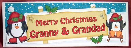 Large Dl Xmas Granny & Granda Penguins Signpost 3D Decoupage by Joyce Watson