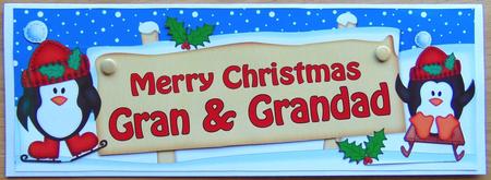 Xmas Gran & Grandad Penguins Signpost Lge Dl Decoupage by Joyce Watson