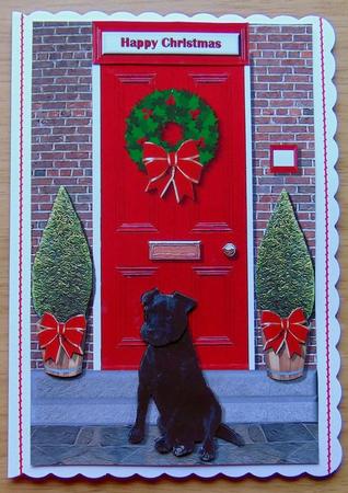 Patterdale Terrier Christmas Door Step Scene by Joyce Watson