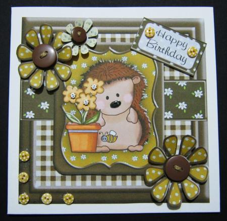 Hedgehog and Flowers Brown Square Layered Card Topper by Ali Sherman