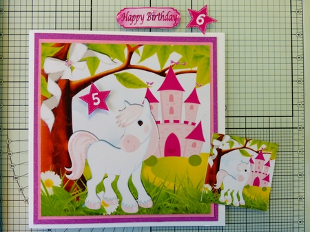 Pink little pony, with princess castle and bow 8x8 by Alison Tipping