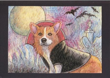 Corgi Dracula in His Halloween Outfit by Ali Wade