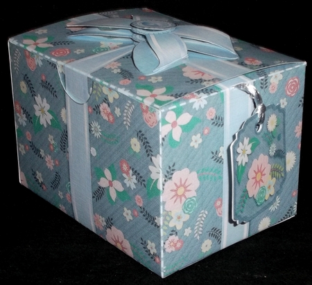 Gift Box Pretty Flowers on a Blue Background with Bow Decoupage by Allen Bowen