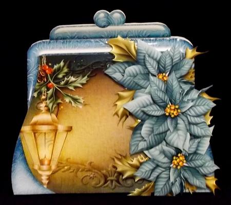 Handbag Shape Card Christmas Blue Poinsettia by Allen Bowen