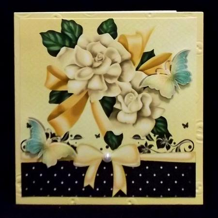 Pretty Gold and Cream Flowers with Bow and Butterflies 8x8 by Allen Bowen