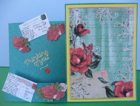 Mint Green Colour Red Rose Painted Postcard A4 Backing Paper by Andrea Chapman