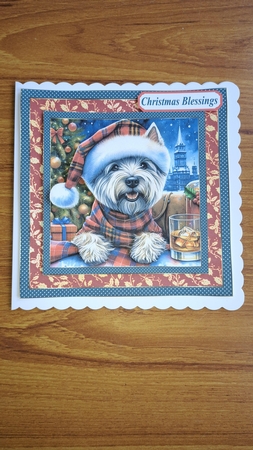 Christmas Westie with whisky card front 1 by Andrea McGill
