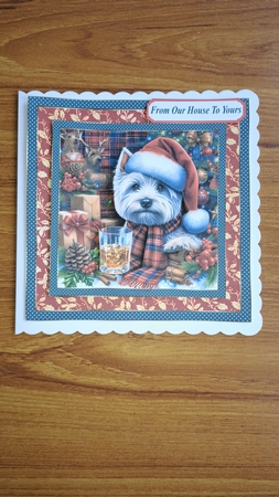 Christmas Westie with whisky card front 3 by Andrea McGill