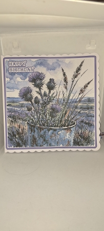 Watercolor Purple Thistle, Grass and Rusted Bucket Still Life and Landscape by Andrea McGill