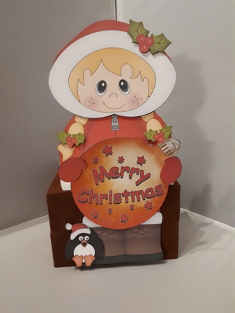 3D Christmas On the Shelf Card Kit -  Cute Little Eskimo has an Xmas Bauble with Greetings Sentiments by Andrea McGill