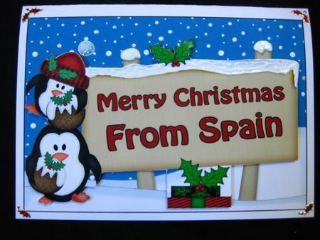 Xmas from Spain Penguins Signpost 5x7 Easicut Decoupage by Andrea Szabo