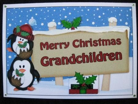 Xmas Grandchildren Penguins Signpost 5x7 Easicut Decoupage by Andrea Szabo