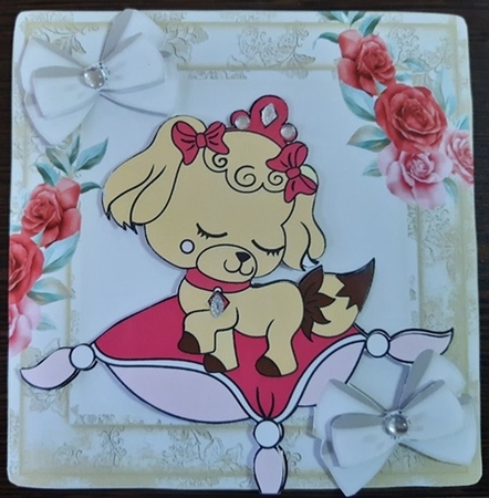 Princess puppy sitting on cushion with roses 8x8 by Anette De Villiers