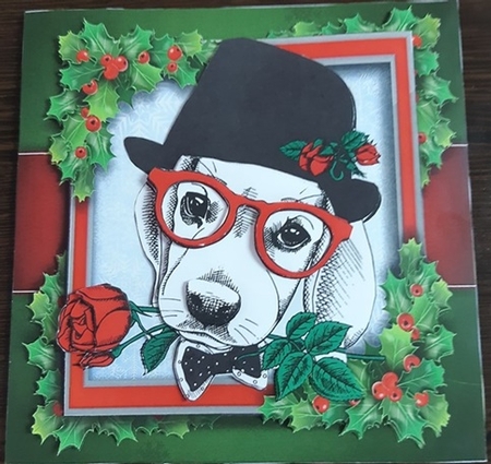 Black, Red & White Dog With Rose 8x8 by Anette De Villiers