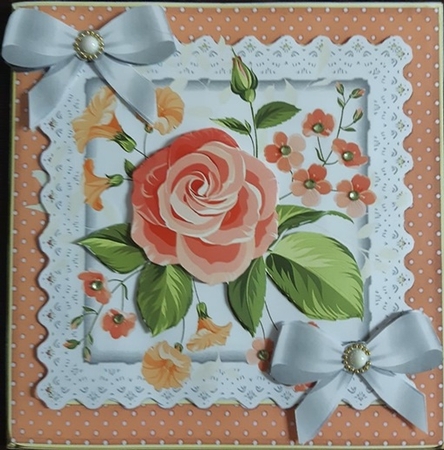 Pretty peach flower arrangement in polkadot and lace frame 8x8 by Anette De Villiers