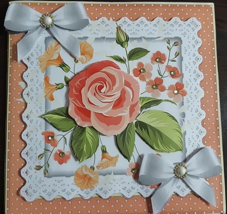 Pretty peach flower arrangement in polkadot and lace frame 8x8 by Anette De Villiers