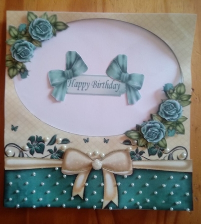 Pretty card front/insert with  corner turq roses/topper 8x8 by Anette De Villiers