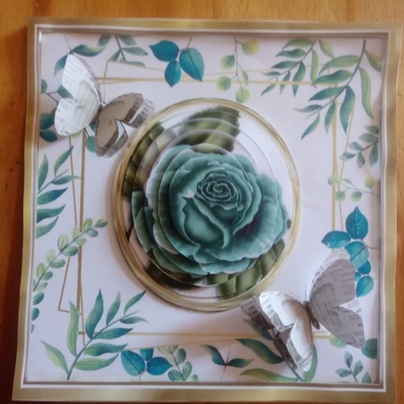 Turq rose with leaves and paper butterflies 8x8 by Anette De Villiers