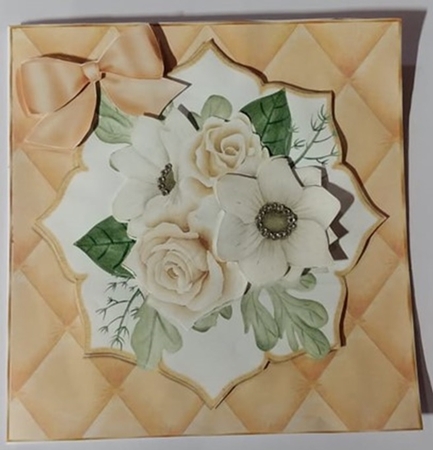 Pretty quilted effect card front in peach, with peach roses 8x8 by Anette De Villiers
