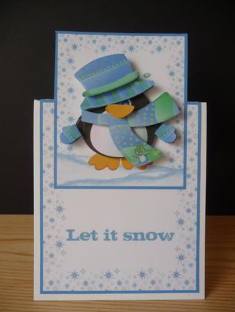 Cosy and Warm Penguin-over the Edge Card by Angela Butters