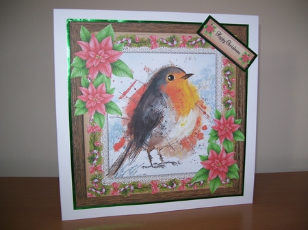 Gorgeous Festive Robin With Red Flowers 8x8 by Angela Holyday