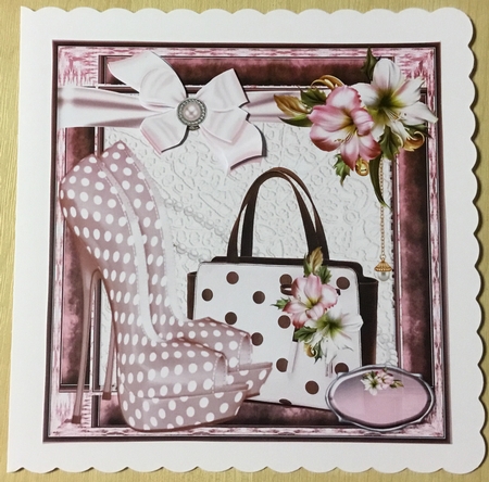 Lily card front with, Shoes, Handbag, decoupage and sentiments by Angela Riley