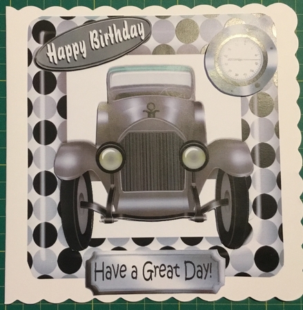 Vintage silver motor car in polkadot frame by Angela Riley