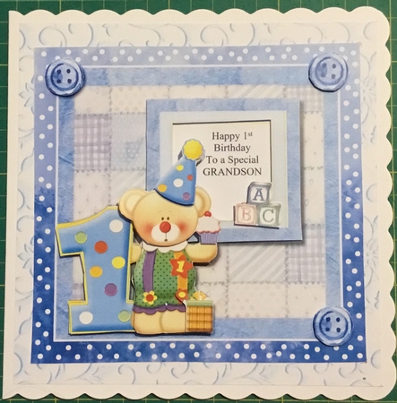 300dpi 6x6ins Card Topper with Decoupage, 1st Birthday Grandson or your own message by Angela Riley