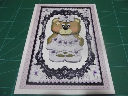 Cute Bear in Purple on Effective Lace Background by Angela Riley