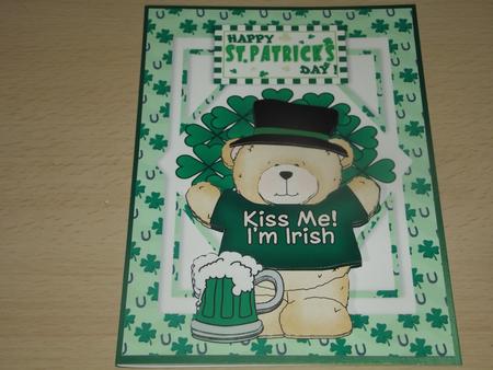 Kiss Me I'm Irish Bear St Patricks Card Front with Decoupage by Angela Riley
