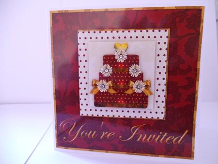 Red & Gold Wedding Cake - You're Invited - Pyramid Card by Angela Riley