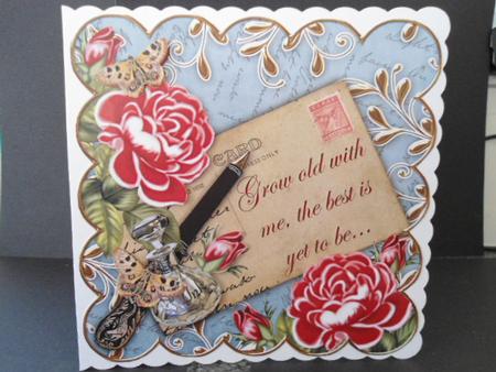 Red Roses Teal Grow Old Postcard 8in Decoupage Topper by Angela Riley